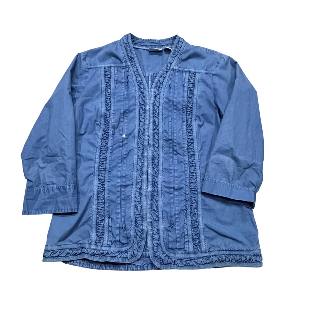 Chicos Blue Cotton Ruffle Front Jacket Size 1 Womens 3/4 Sleeve Hook Eye Close